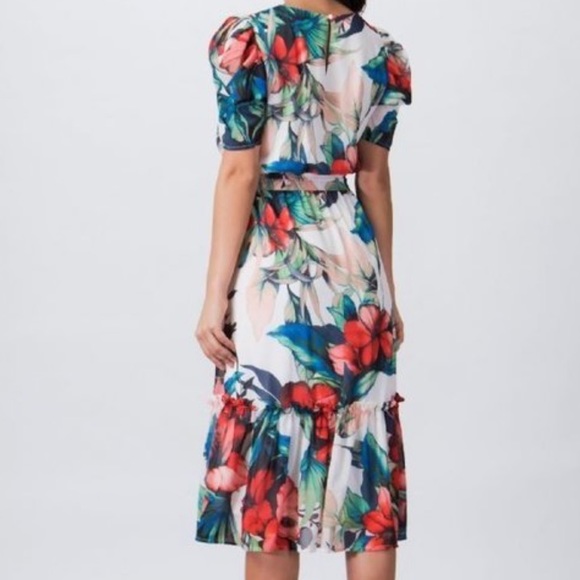Floral puff sleeves waist tie ruffled midi dress L - Picture 4 of 16
